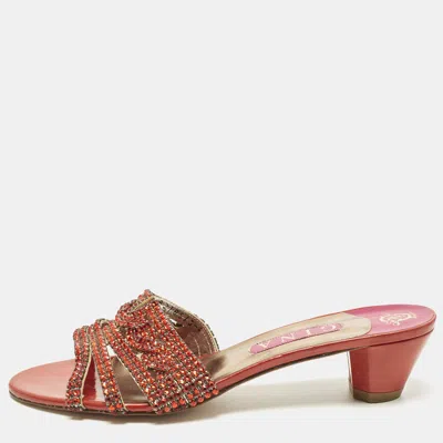 Pre-owned Gina Size 41 Two Tone Leather Crystal Embellished Slide Sandals In Red