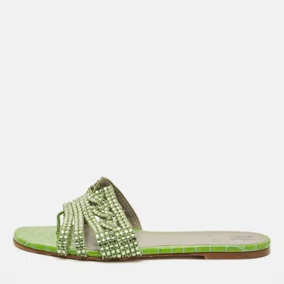 Pre-owned Gina Size 41.5 Green Croc Embossed Patent Leather Crystal Embellished Flat Slides