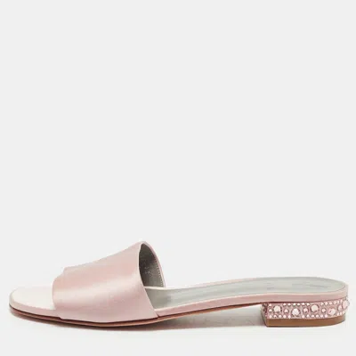 Pre-owned Gina Size 42 Pink Satin Crystal Embellished Flat Slides