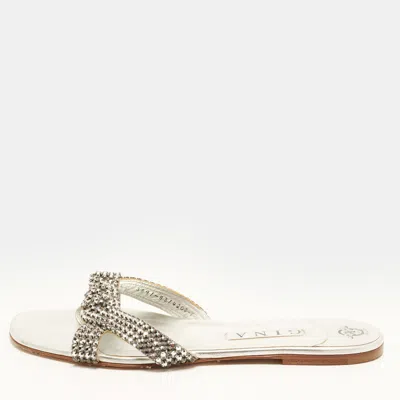 Pre-owned Gina Size 42 Silver Leather Crystal Embellished Flat Slides