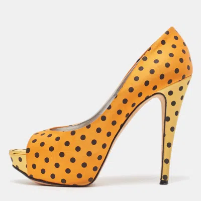Pre-owned Gina Tricolor Polka Dot Print Satin Peep Toe Platform Pumps Size 40 In Orange