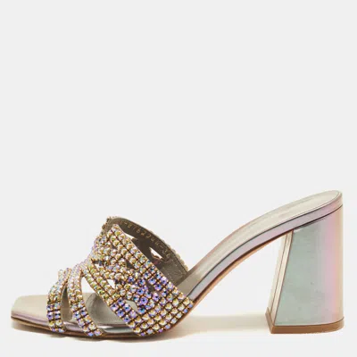 Pre-owned Gina Utah Size 36 Blue Leather Crystal Embellished Slide Sandals