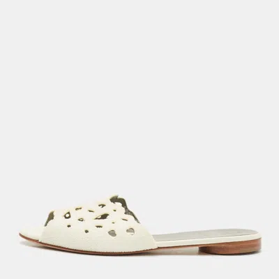 Pre-owned Gina White Cutout Leather And Stones Slide Flat Size 38.5