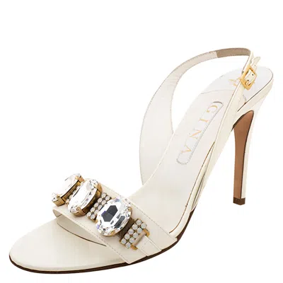 Gina White Leather Crystal Embellished Slingback Sandals In Neutral