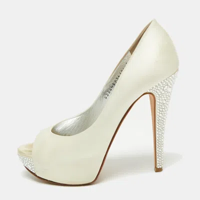 Gina White Satin Jenna Crystal Embellished Heel Peep Toe Platform Pumps