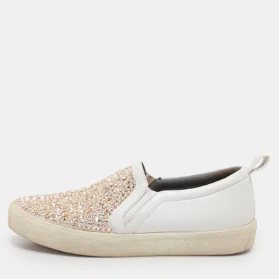 Gina White/beige Leather And Satin Crystal Embellished Slip On Sneakers