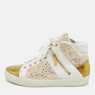 Pre-owned Gina White/gold Leather Strass Embellished High Top Sneakers Size 39