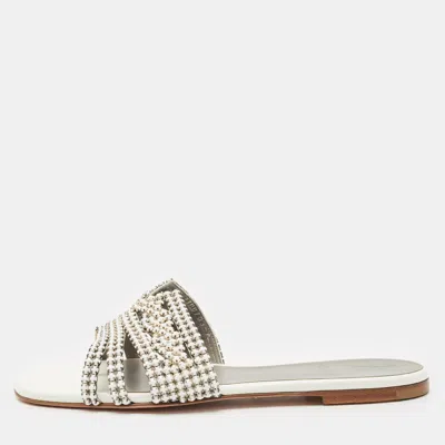 Pre-owned Gina White/silver Leather Crystal Embellished Loren Flat Slides Size 39