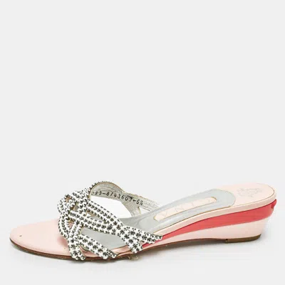 Pre-owned Gina White/silver Leather Crystal Embellished Sandals Size 38.5
