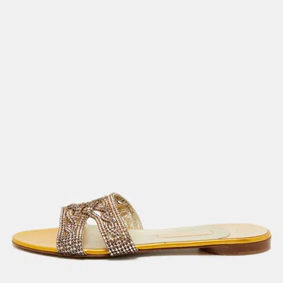 Gina Yellow Leather Crystal Embellished Leather Flat Slides