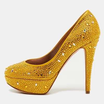 Gina Yellow Satin Dolly Crystal Embellished Platform Pumps