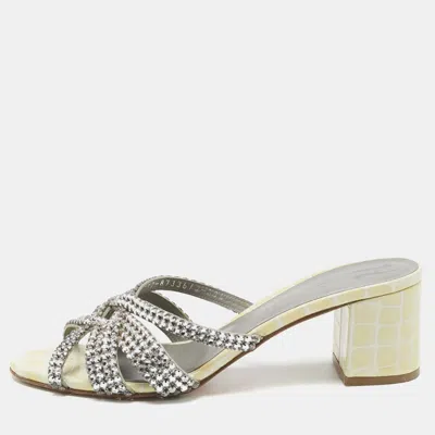 Pre-owned Gina Yellow/grey Croc Embossed Patent Leather Dexie Slide Sandals Size 38.5