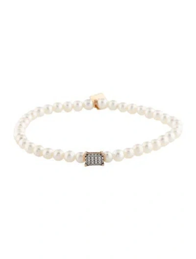 Pre-owned Ginette Ny 18k Pearl & Diamond Beaded Bracelet, 6" In Multicolor