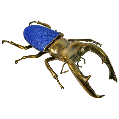 Pre-owned Ginger Brown Brass Box Mandibularis Scarab With Shagreen Top By