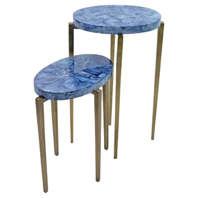 Pre-owned Ginger Brown Oval Nesting Tables In Blue Marquetry And Old Brass Patina By