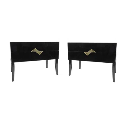 Pre-owned Ginger Brown Pair Of Bedside Tables In Black Marquetry And Brass By
