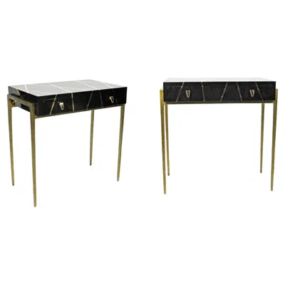 Pre-owned Ginger Brown Pair Of Nightstand Tables In Black Marquetry And Brass By