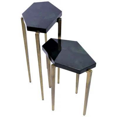 Pre-owned Ginger Brown Polygonal Nesting Tables In Green Marquetry And Old Brass Patina By