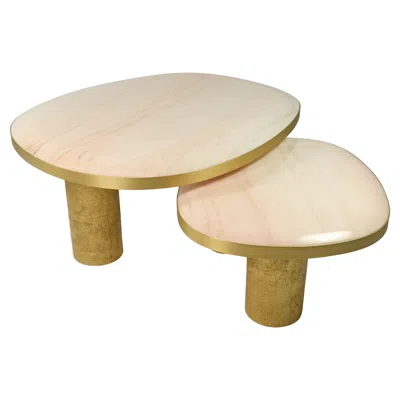 Pre-owned Ginger Brown Set Of 2 Coffee Tables In Pink And Cream Marble With Brass By  In White