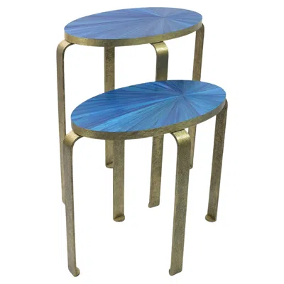 Pre-owned Ginger Brown Set Of 2 Side Tables In Blue Straw Marquetry And Textured Brass By