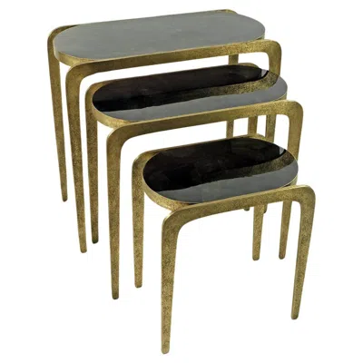 Pre-owned Ginger Brown Set Of Nesting Tables In Hammered Brass With Black Marquetry Top By