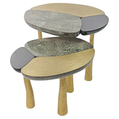 Pre-owned Ginger Brown Set Of Nesting Tables In Stone Marquetry And Brass By