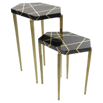 Pre-owned Ginger Brown Set Of Polygonal Side Tables In Black Marquetry And Brass By