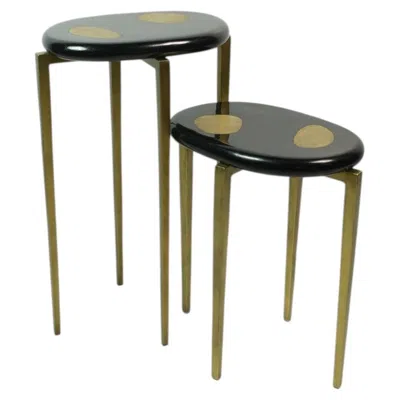 Pre-owned Ginger Brown Set Of Two Side Tables In Black Marquetry And Textured Brass By