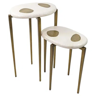 Pre-owned Ginger Brown Set Of Two Sides Tables In White Marquetry And Textured Brass By