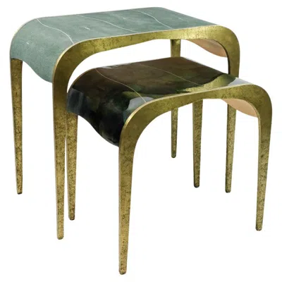 Pre-owned Ginger Brown Set Of Waterfall Nesting Tables In Shagreen And Hammered Brass By