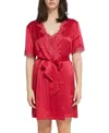 Ginia Silk Short Wrap Gown With Lace Trim Robe In Red