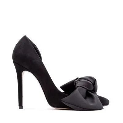 GINISSIMA WOMEN'S SAMANTHA BLACK SUEDE AND OVERSIZED BLACK SATIN BOW OPEN SIDED STILETTO