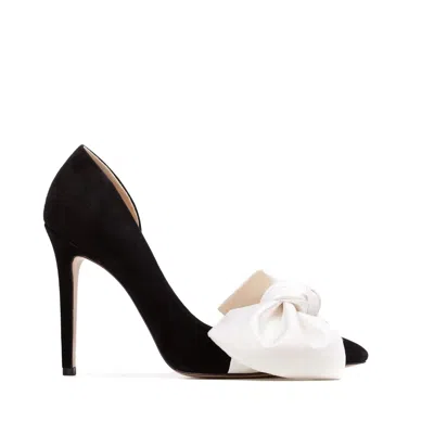 GINISSIMA WOMEN'S SAMANTHA BLACK SUEDE AND OVERSIZED WHITE SATIN BOW OPEN SIDED STILETTO