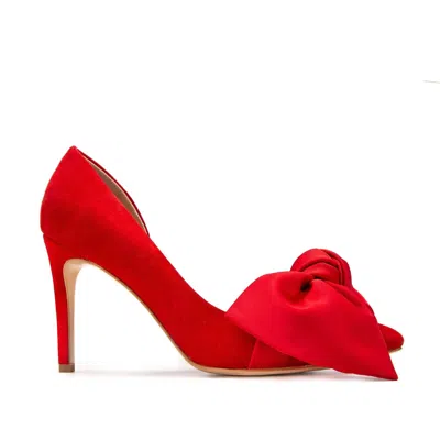 GINISSIMA WOMEN'S SAMANTHA RED SUEDE AND OVERSIZED RED SATIN BOW OPEN SIDED STILETTO
