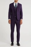 Gino Vitale Skinny Fit Solid Stretch Three Piece Suit In Plum