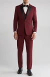 Gino Vitale Slim Fit Satin Peak Lapel 3-piece Suit In Burgundy