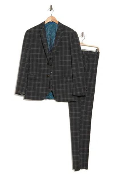 Gino Vitale Slim Fit Stretch Windowpane Three-piece Suit In Charcoal
