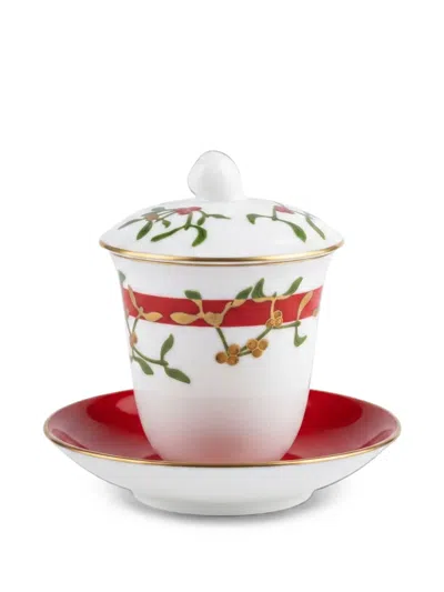 Ginori 1735 Mistletoe-print Lidded Cup And Saucer In Multi