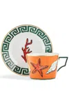 Ginori 1735 4-piece Il Viaggio Di Nettuno Teacup And Saucer Set In Orange