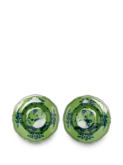 Ginori 1735 Oriente Italiano Floral-print Soup Plates (set Of Two) In Green