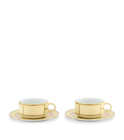 Ginori 1735 Set Of 2 Porcelain Colonna Diva Giallo Teacups And Saucers In Yellow