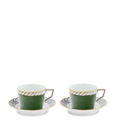 Ginori 1735 Set Of 2 Porcelain Il Viaggio Di Nettuno Teacups And Saucers In Green