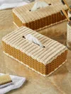 Giobagnara Antibes Handwoven Leather And Rattan Tissue Box  Abask Luxury Gift In  Yellow And Cream