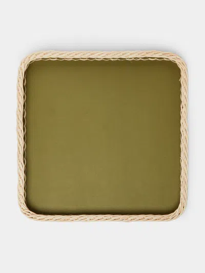 Giobagnara Leather And Rattan Square Tray  Abask Luxury Gift In  Green