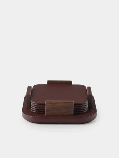 Giobagnara X Poltrona Frau Leather And Walnut Coasters With Holder (set Of 6) In Burgundy