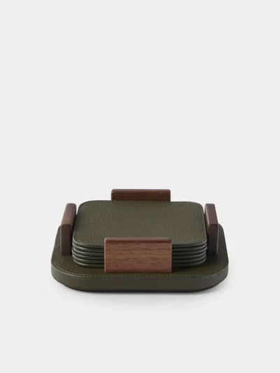 Giobagnara X Poltrona Frau Leather And Walnut Coasters With Holder (set Of 6) In Green