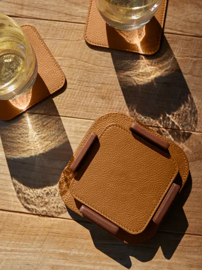 Giobagnara X Poltrona Frau Leather And Walnut Coasters With Holder (set Of 6)  Abask Gift Set In Brown
