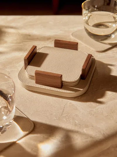 Giobagnara X Poltrona Frau Leather And Walnut Coasters With Holder (set Of 6) In Multi