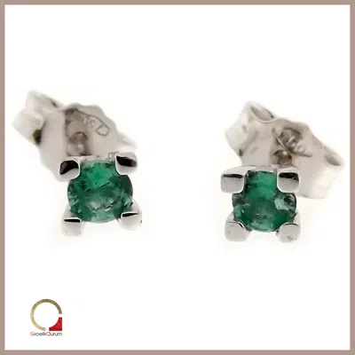 Pre-owned Gioielli Aurum Earrings Men Women White Gold 18 Carats Light Spot With Emeralds Natural Green