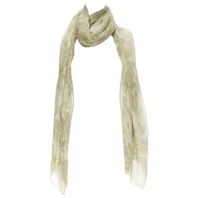 Pre-owned Giorgio Armani 100% Silk Beige Floral Print Sheer Scarf In Brown